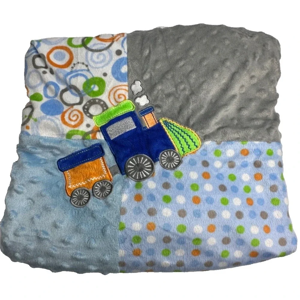 Little‎ Beginnings Baby Blanket Blue Train Raised Bumps Polka Dots Circles Swirl